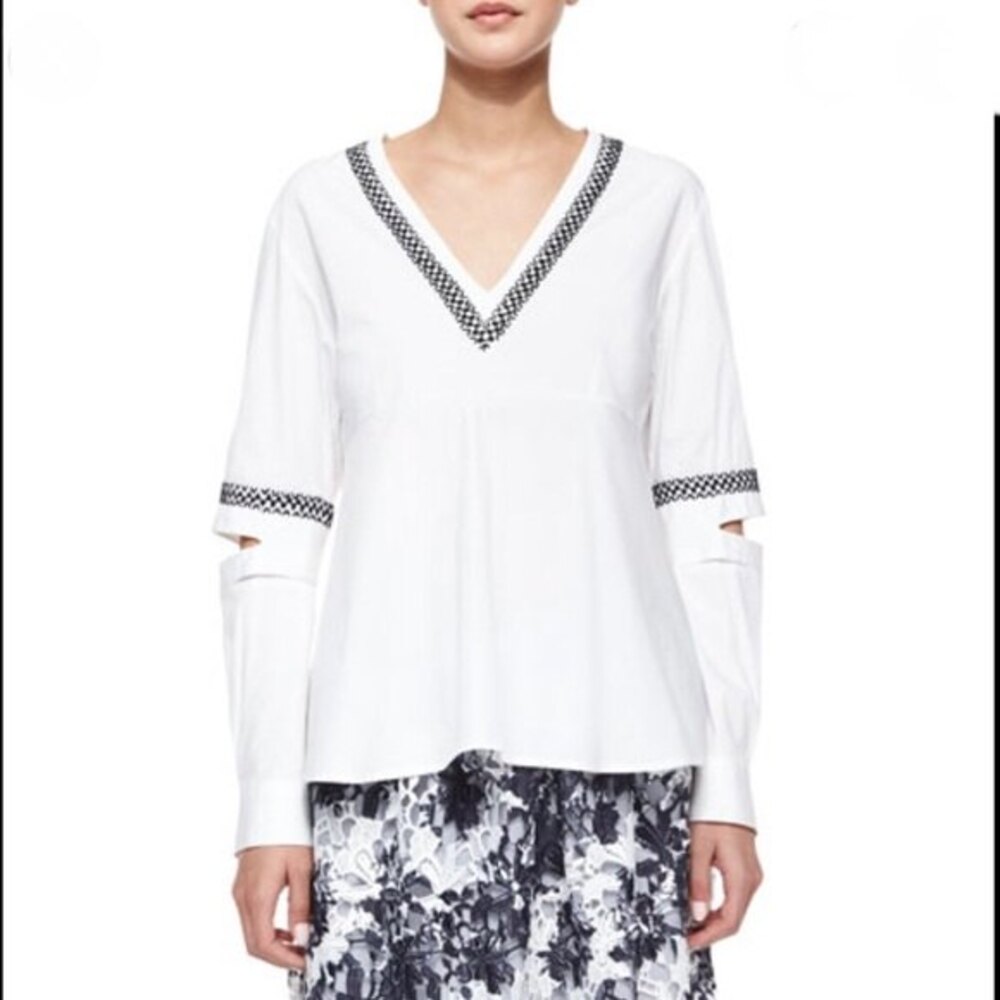 Thakoon Addition Blouse Top White Cotton Embroidered V-Neck Cutouts 2